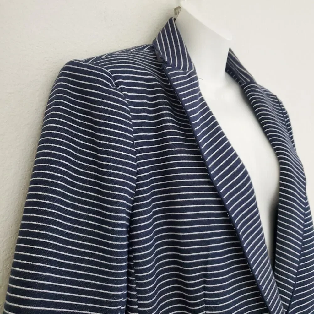 Tahari Women's Blazer 10 Blue Striped Pique Knit Pearls Nautical Business Office